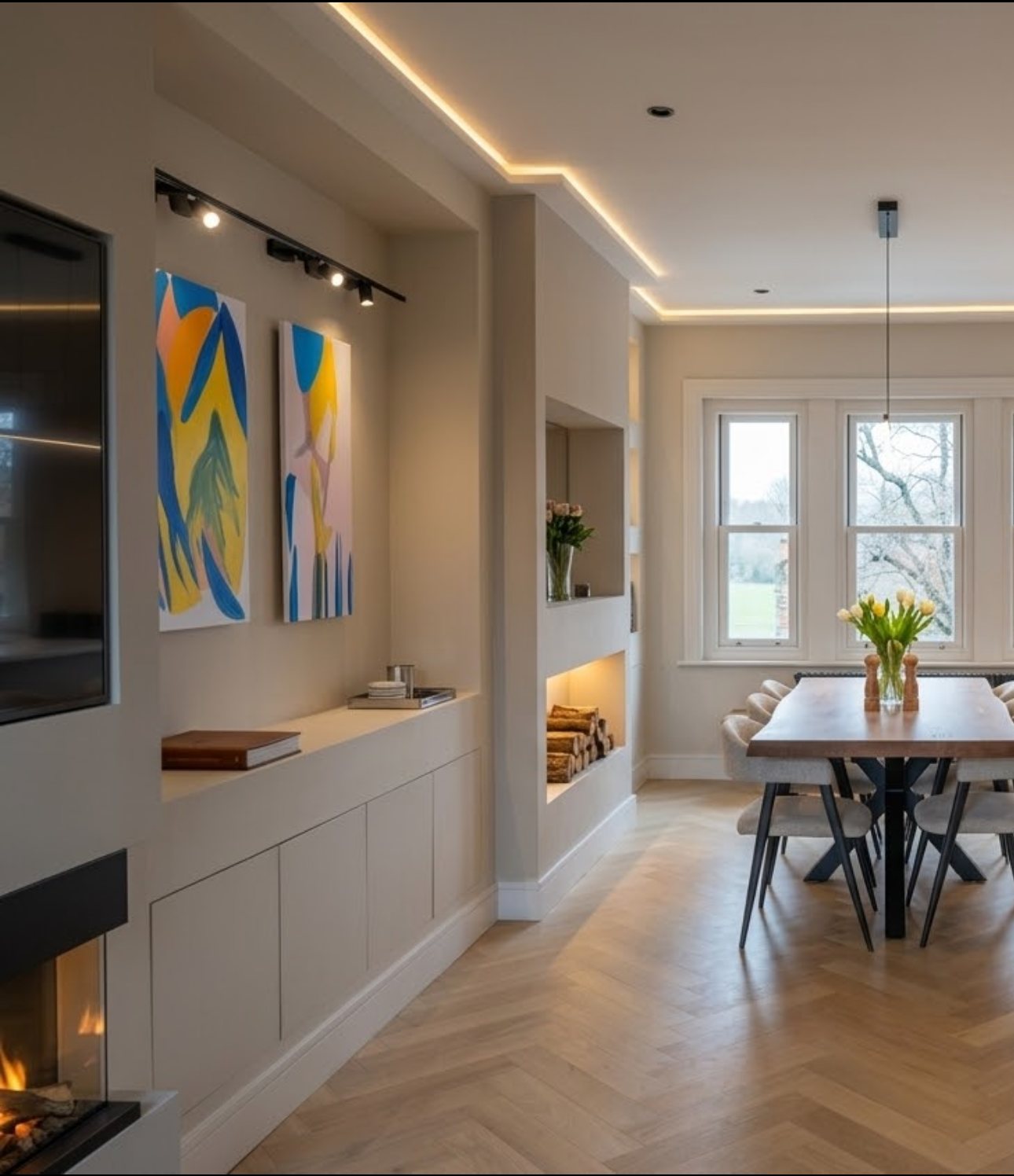 Warm, light-filled living and dining space with bespoke joinery