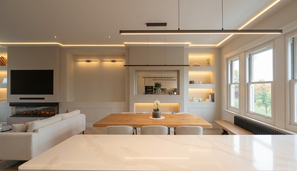 Kitchen island and living space, part of Zhak & Co.'s Bromley rear extension project